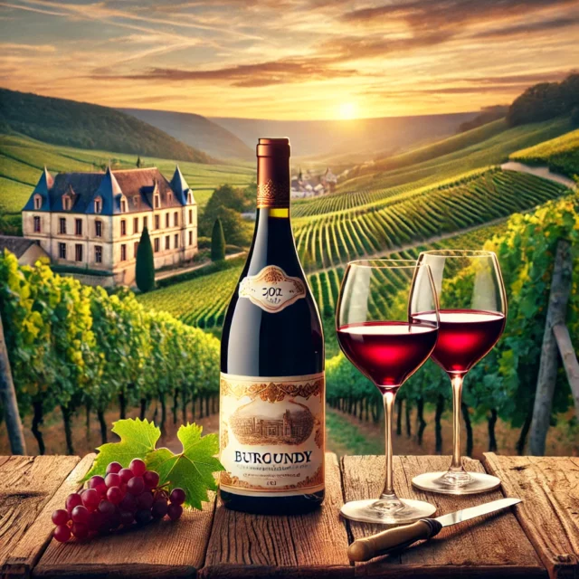 DALL·E 2025-01-29 14.45.30 - A scenic vineyard in Burgundy, France, with rolling hills covered in grapevines at sunset. In the foreground, an elegant bottle of Burgundy wine with